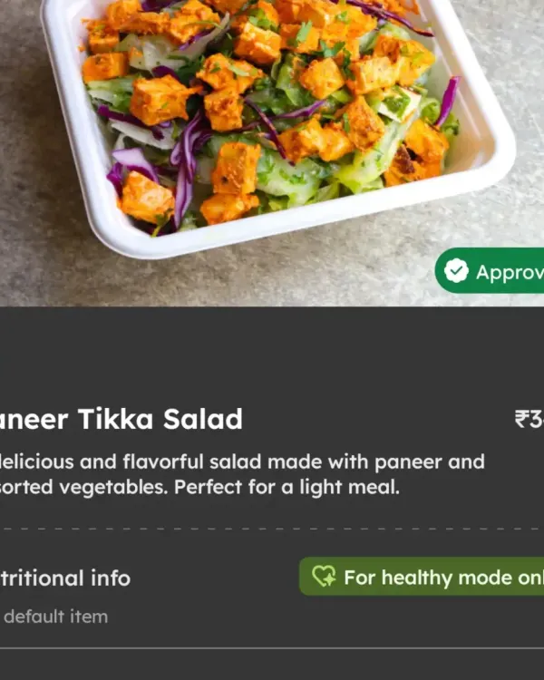 Our Paneer Tikka Salad, as seen on our delivery menu. This salad combines spiced paneer cubes with assorted fresh vegetables for a light yet flavorful meal that's perfect for a healthy lunch.