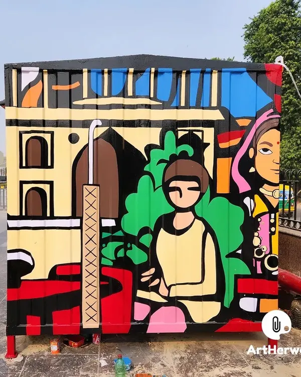 We turned a simple shipping container in Faridabad into a canvas for this colorful mural depicting scenes of Indian life. Public art like this adds character and culture to urban spaces.