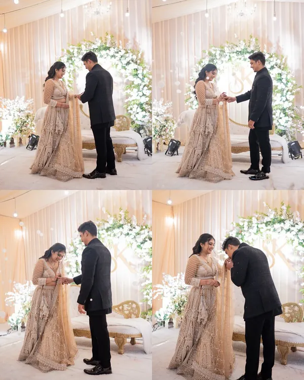 A four-photo story of the ring ceremony, from the groom placing the ring on her finger to him kissing her hand. I document these sequences to tell the full story.