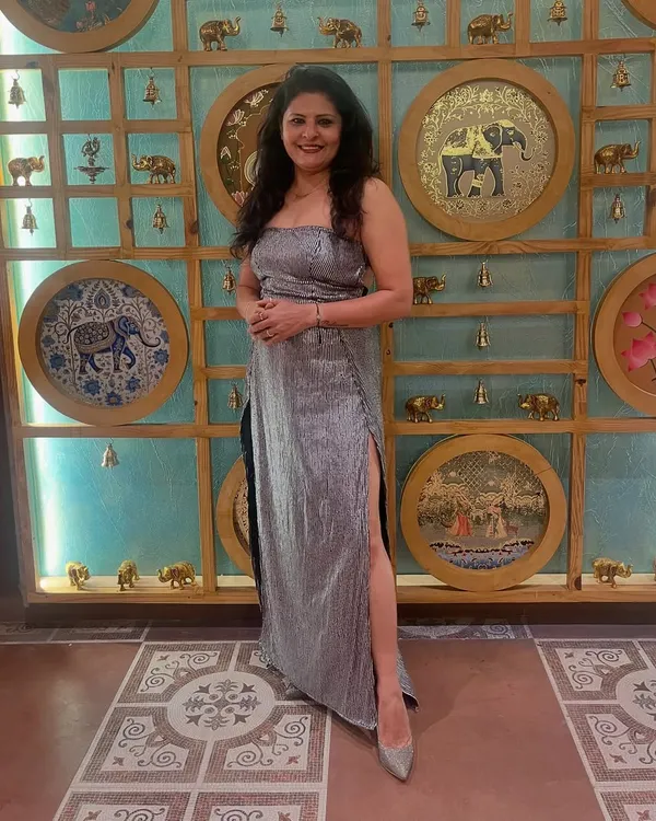 My outfit for a launch event: a custom off-shoulder cocktail gown in silver-grey with a thigh-high slit.
