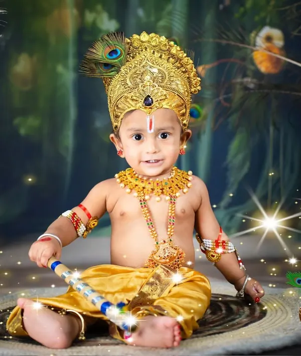 A portrait of a mischievous little Krishna, complete with his flute and a pot of butter. I pay close attention to every detail, from the costume to the props, to create an authentic look.