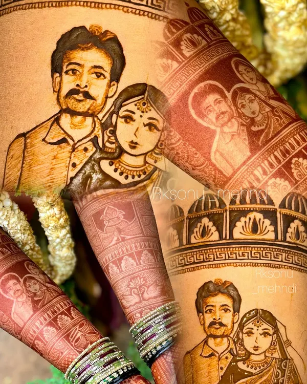 A truly special bridal mehndi with a portrait of the bride and her father, symbolizing his everlasting blessings on her wedding day. This piece is a beautiful tribute to the father-daughter bond, etched in henna.