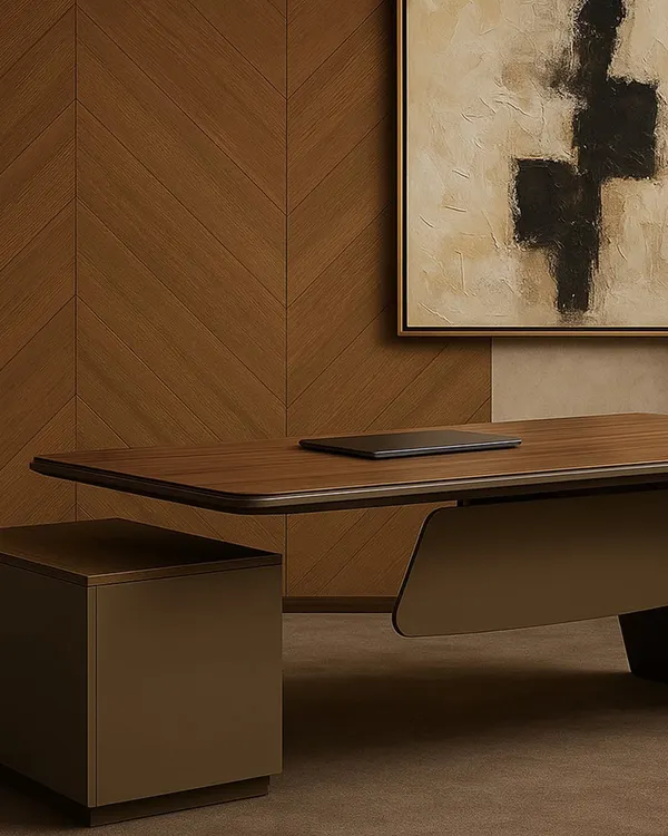 This executive desk is set against a chevron-patterned wood wall, showcasing its clean lines and modern aesthetic. The design features a floating top and a minimalist side cabinet, creating a workspace that is both functional and inspiring.