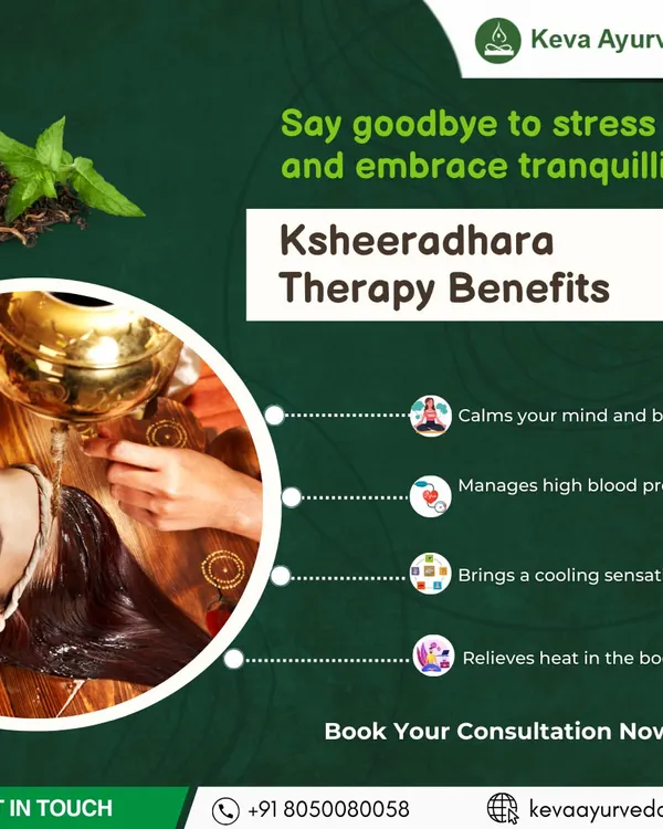 Experience deep tranquility with Ksheeradhara therapy. This treatment, involving a gentle stream of medicated milk over the forehead, calms the mind and body, helps manage high blood pressure, and provides a profound cooling sensation.