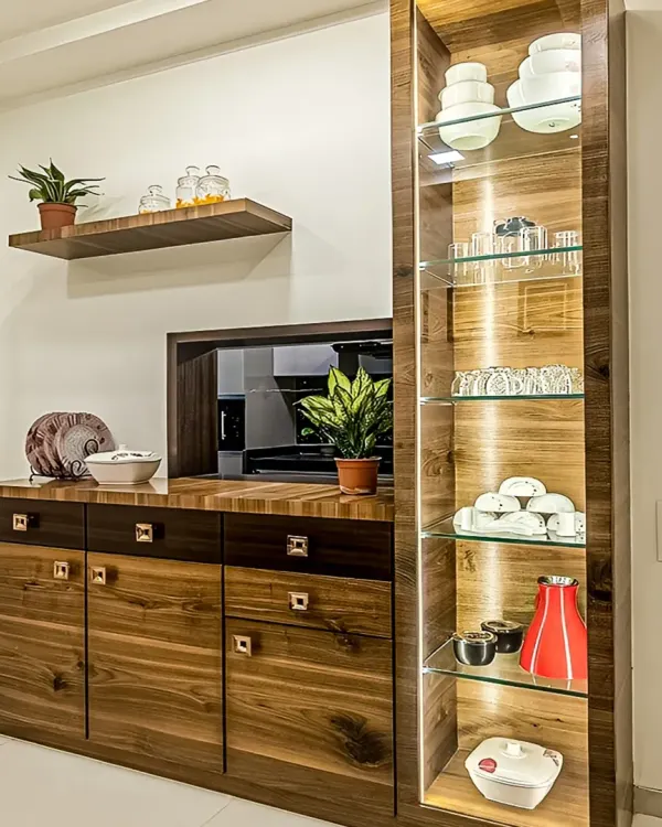 This crockery unit combines dark and light wood finishes for a modern look. We included a tall, glass-front display cabinet with internal lighting and a wide sideboard for ample, organized storage.