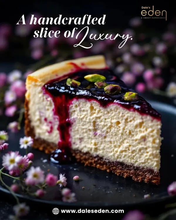 A handcrafted slice of luxury. Our Blueberry Cheesecake is the perfect balance of creamy, tangy, and sweet, finished with pistachios for a touch of elegance.