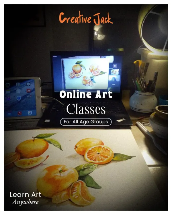An image of a cozy home setup for an online art class, with a laptop, tablet, and art supplies ready to go. You can learn art from anywhere.