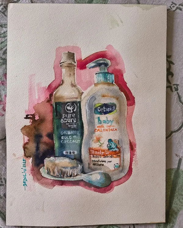When you are surrounded by baby products, you end up sketching them. This watercolor still life of coconut oil and baby lotion was painted during my baby's nap time, a reflection of my new life as a mother.