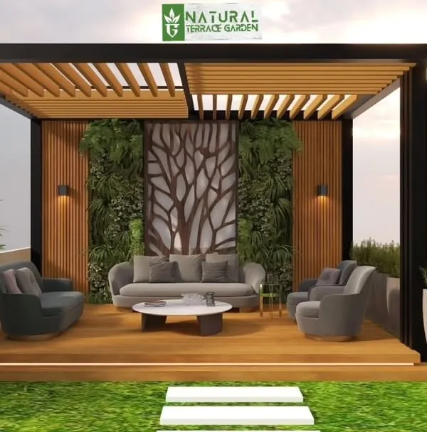 A 3D design proposal showcasing a cozy seating area under a modern pergola. The design incorporates a raised wooden deck, a vertical garden for a touch of green, and strategic lighting, allowing clients to visualize the final ambiance before we begin building.