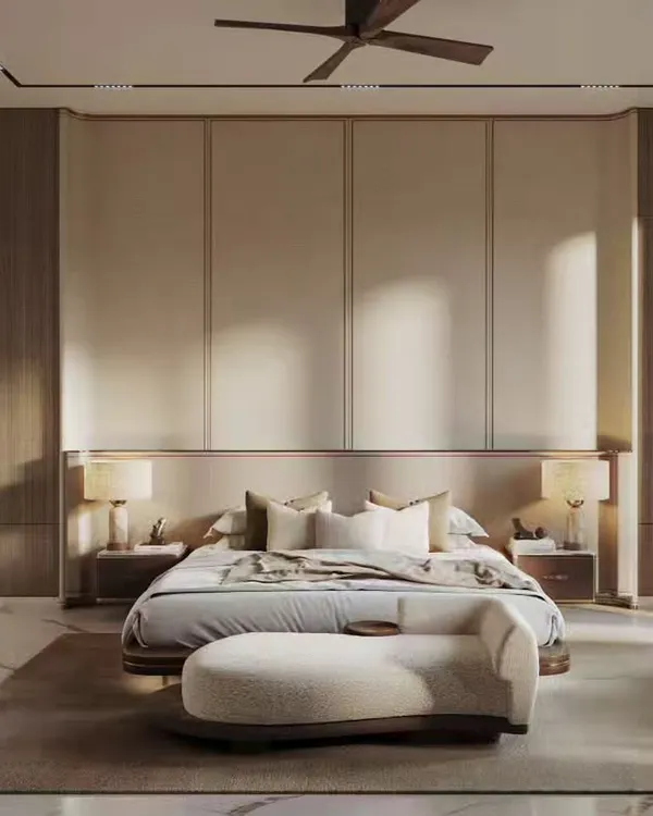 This bedroom render captures a moment of calm, with soft sunlight casting shadows across the room. We focused on the clean lines, the contrast between the wood paneling and the plush bedding, and the overall feeling of modern serenity.