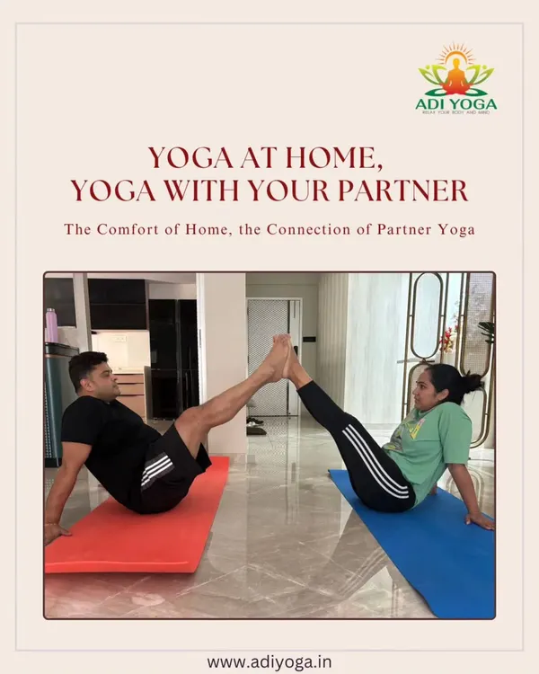 The comfort of home, the connection of partner yoga. This couple is building core strength and trust together, showing how you can turn your living room into a space for shared wellness.