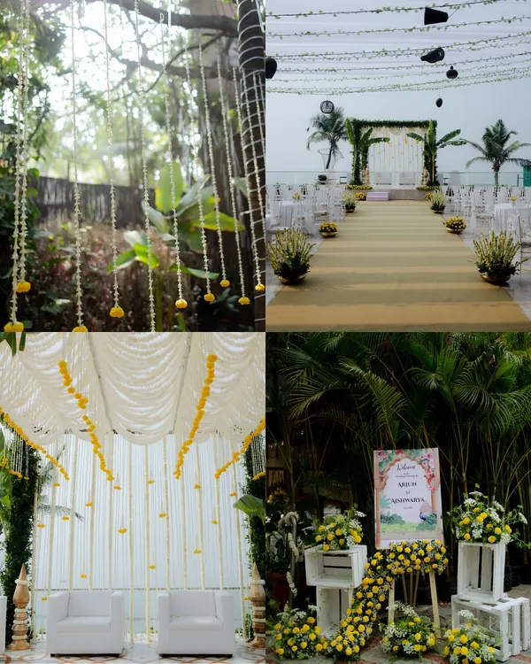 A collage showcasing the beautiful and elegant decor of a beachside wedding. From the floral arrangements to the mandap, every detail was thoughtfully designed for a serene ambiance.