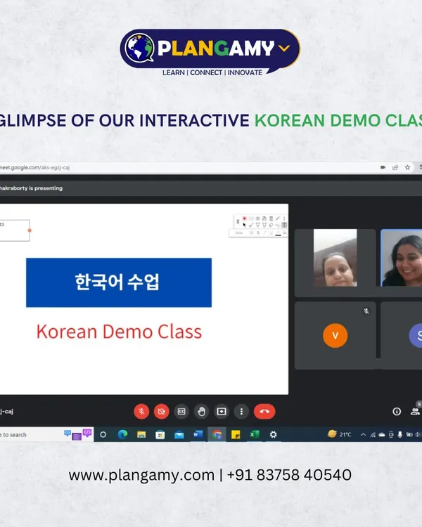 A glimpse into our interactive Korean demo class. Here, our instructor introduces the topic for the session in a clear, welcoming format.