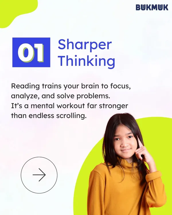 The first benefit of reading: Sharper Thinking. Reading is a powerful mental workout that trains the brain to focus, analyze, and solve problems, making it a far more enriching activity than endless scrolling.