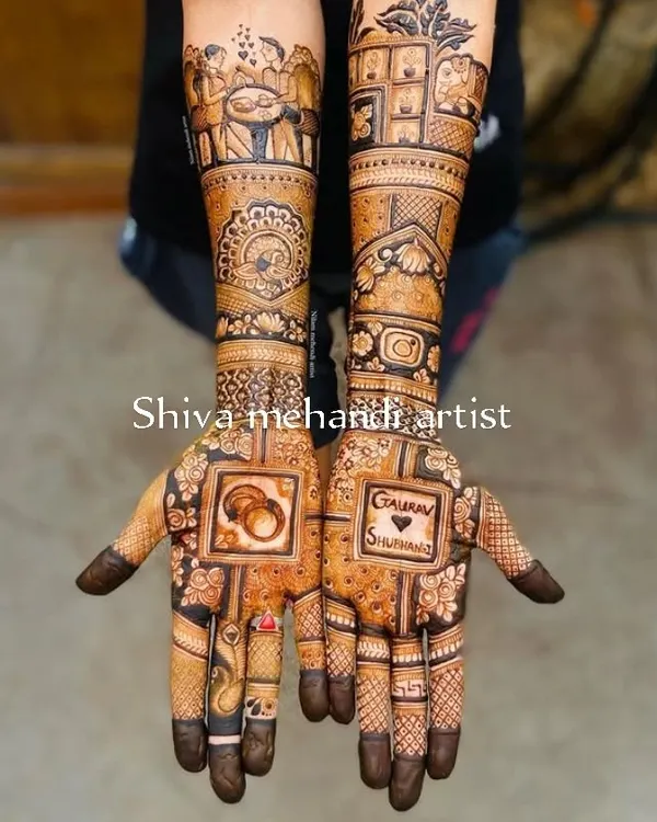 A perfect example of personalization, this design features wedding rings in a box on one palm and the couple's names on the other. It even includes the Instagram logo.