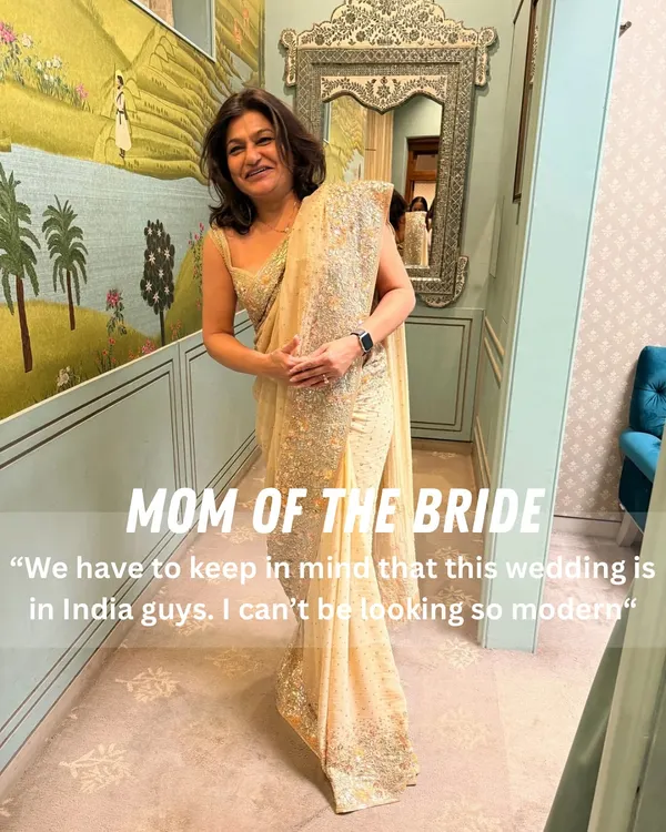 The elegant mother of the bride. We found a beautiful golden saree that felt modern yet appropriate for an Indian wedding, making sure she felt comfortable and looked absolutely graceful.