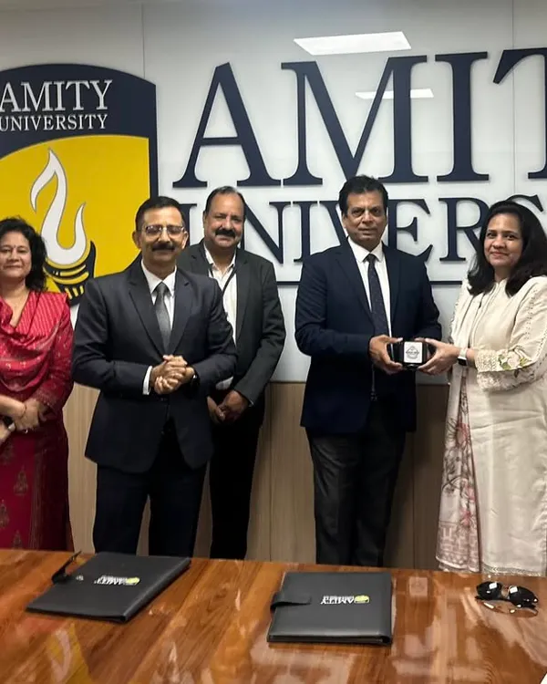 The delegation from Amity University and KIO after signing the historic MOU. This collaboration opens up online degree programs with scholarships for our athletes.