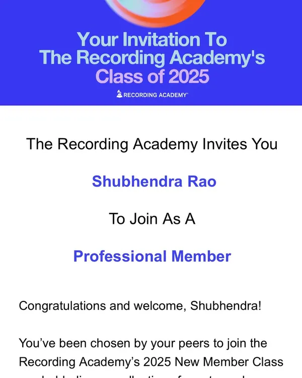 I am truly honoured to be invited by my peers to join the Recording Academy's Class of 2025 as a Professional Member. It is a humbling recognition from the institution that hosts the Grammy Awards.
