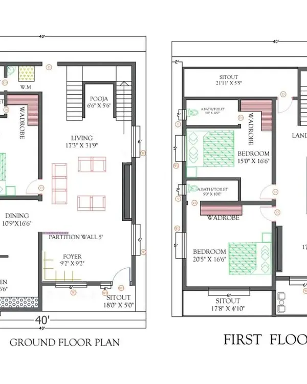 A 2D floor plan for a 40x50 plot, showing the ground and first-floor layouts. This technical drawing details room dimensions, furniture placement, and circulation for efficient space management.