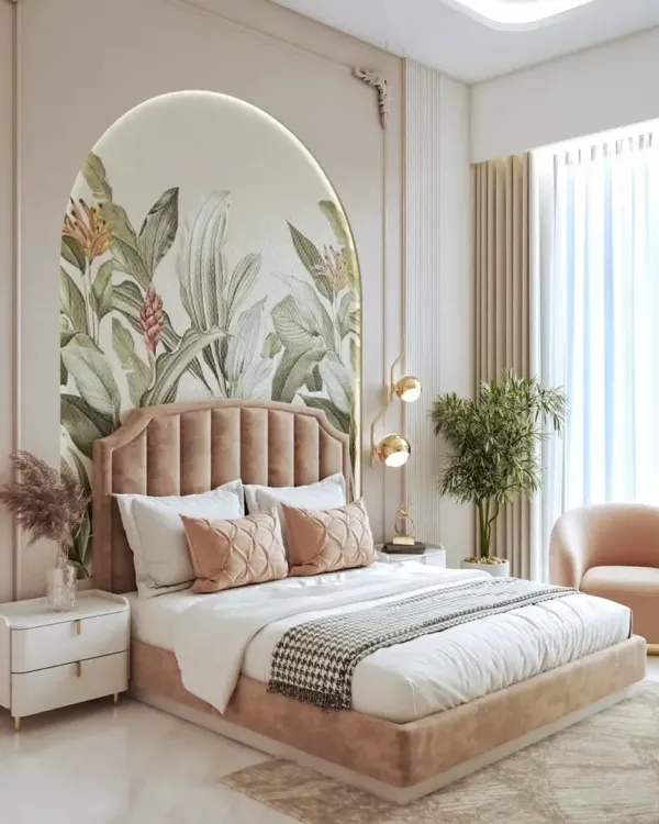 This is how we create a personal sanctuary. This luxurious bedroom design combines a soft, blush pink velvet bed with a custom botanical mural, creating a serene and modern retreat. The design focuses on creating a high-end look that is both stylish and achievable on a budget.