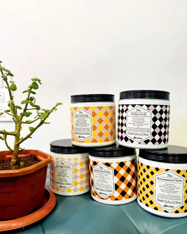 I proudly use Davines The Circle Chronicles, a range of sustainable hair masks designed for targeted treatments, from purification to deep repair.