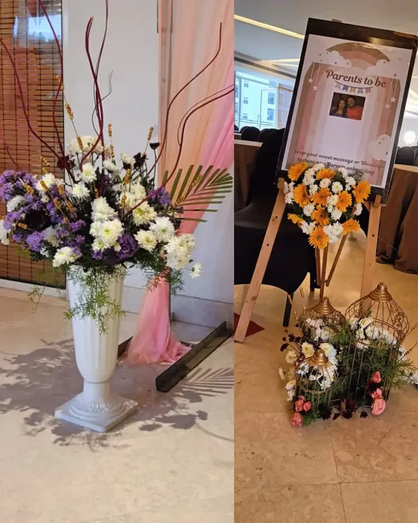 A look at some of the smaller decor elements I provide. This includes elegant floral arrangements in large vases and custom welcome easels for events like baby showers or engagements.