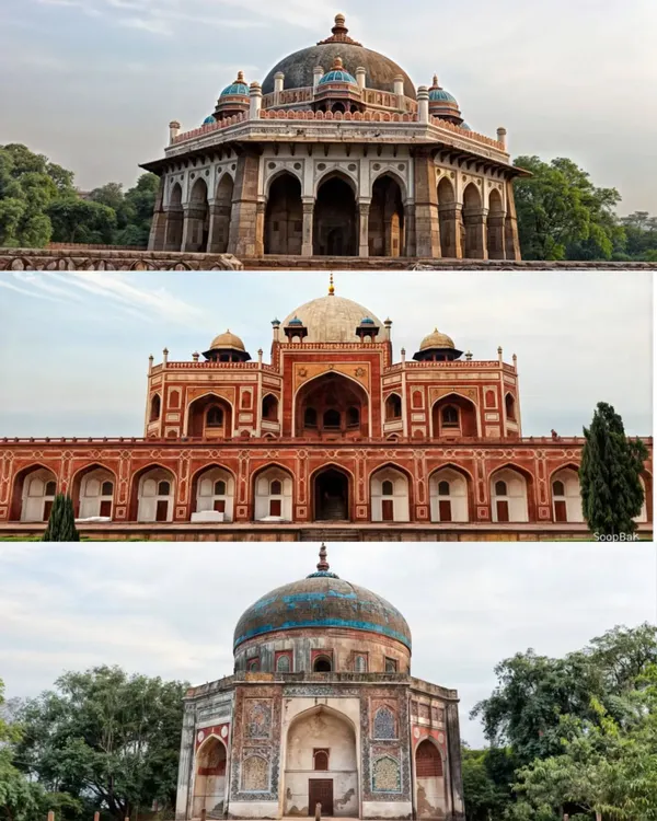 A collage showcasing the stunning architecture of the Humayun's Tomb complex, including the main mausoleum and Isa Khan's tomb. This UNESCO World Heritage site is a cornerstone of our Mughal history walks.