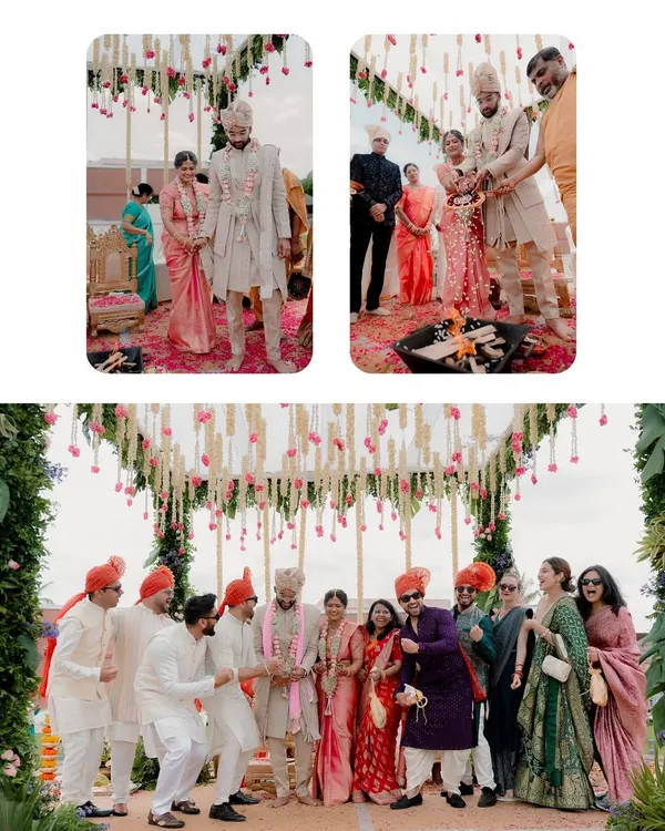 A collage capturing the grandeur of a North-meets-South wedding, from the groom's entrance to the family celebrations. It’s a beautiful blend of traditions and love.