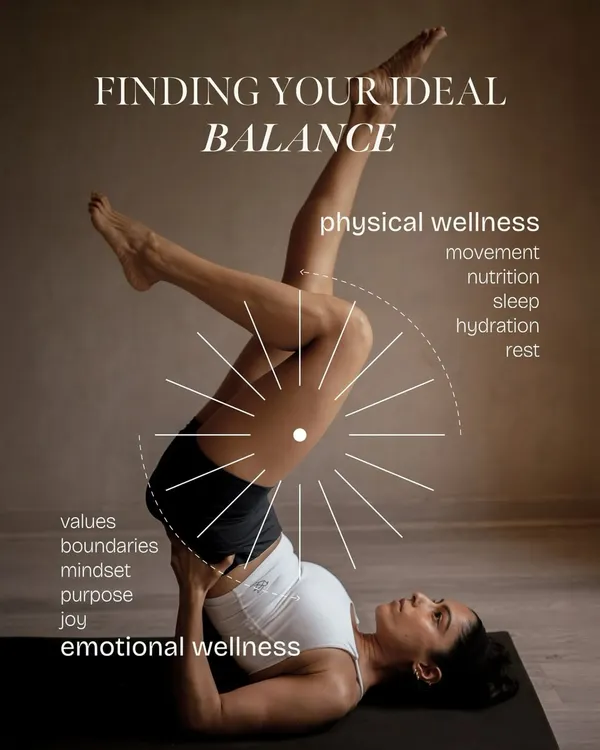 This is my entire philosophy in one picture. I help you find your ideal balance between physical wellness, which includes movement and nutrition, and emotional wellness, which covers your mindset, boundaries, and purpose. True health is when both sides are in harmony.