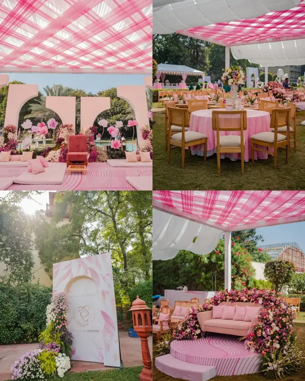 The decor sets the stage for the celebration. This collage showcases the beautiful pink and white themed decor from Radhika and Shivank's elegant Roka ceremony, from the stage to the table settings.