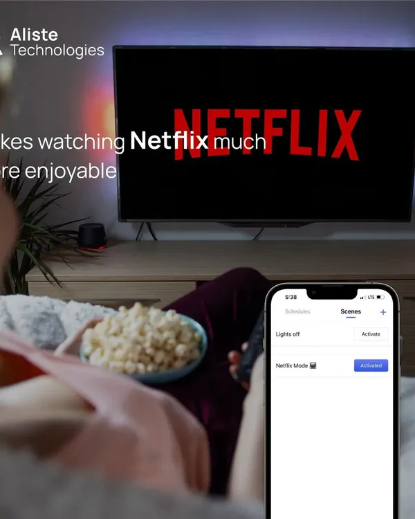Elevate your binge-watching sessions. With our "Netflix Mode" scene, you can dim the lights and set the perfect ambiance for your movie night with just one tap on the app.