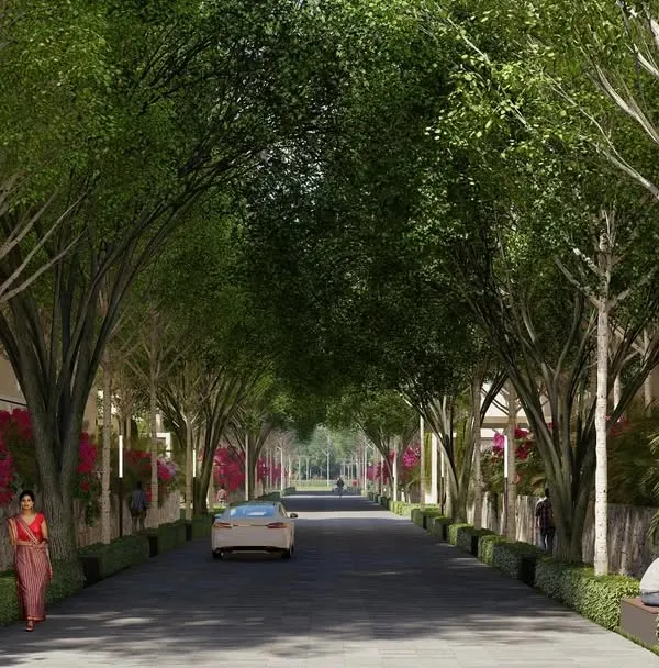 This is Aranya Villas, which translates to "forest villas." We designed this community in Hyderabad to be a seamless story, where the architecture is minimal and the landscape becomes the immersive, central experience. The tree-lined street creates a natural canopy, offering a calm, luxurious setting rooted in nature.