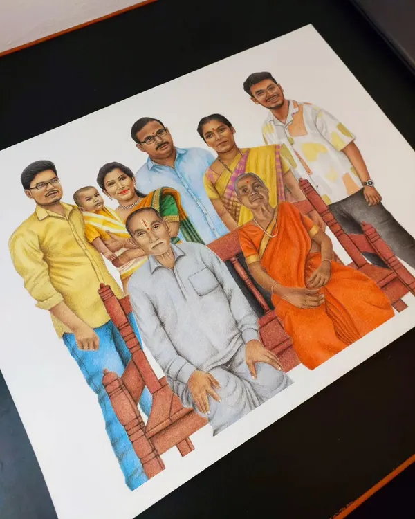 This was a very challenging but rewarding family portrait for a client from Telangana. I combined multiple photos and made many adjustments to create this single, cohesive A2 size colour sketch.