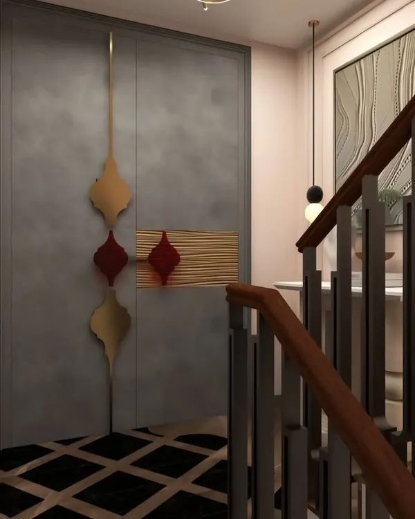 For a 6,000 sq ft residence in Delhi, I designed this main door with a concrete finish and motif-inspired statement handles to blend cultural richness with modern sophistication.