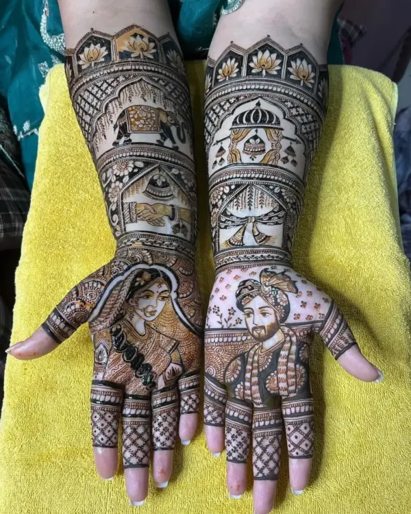 A clear view of a bride and groom portrait design. I use careful shading to bring the faces to life, setting them against a background of traditional wedding symbols for a complete bridal look.