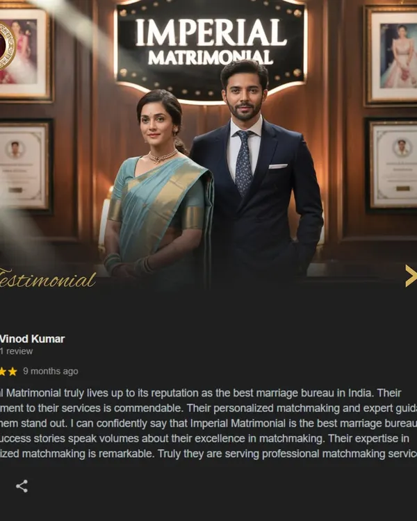This review from Vinod Kumar commends our commitment to personalized matchmaking and expert guidance. Our success stories are a testament to our status as one of the best marriage bureaus in India.