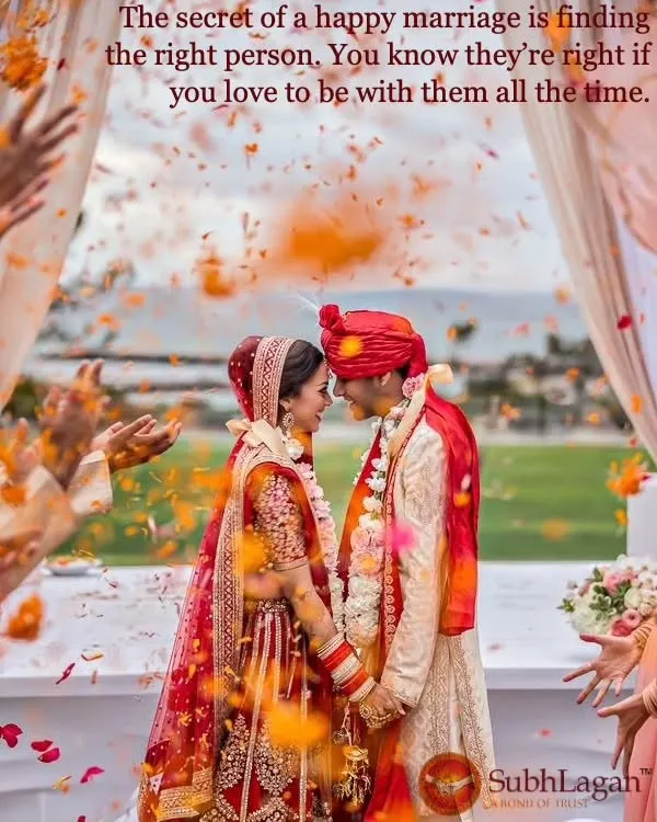 A happy couple shares a loving glance during their wedding ceremony, surrounded by a shower of orange petals. We focus on finding matches where this deep connection and happiness are evident from day one.