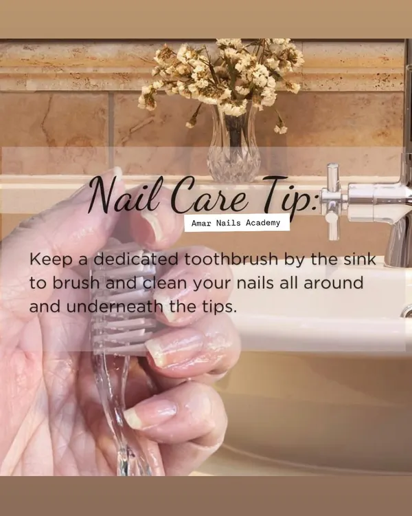A simple but effective nail care tip. Keeping a dedicated soft brush by the sink to gently clean your nails helps maintain hygiene and keeps them looking their best, especially underneath the tips.