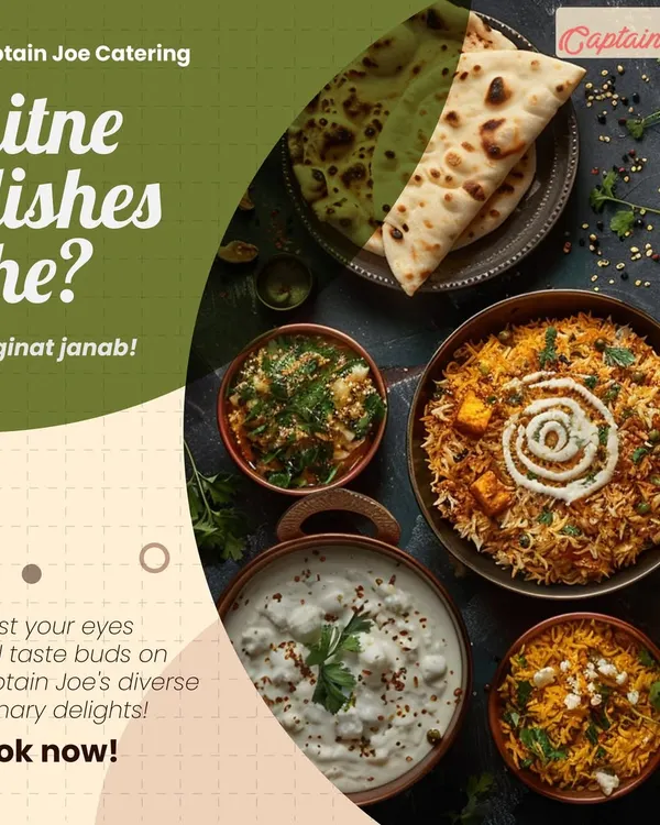 How many dishes do I offer? Unginat janab! This overhead shot displays the sheer variety I can bring to your table, from rich biryanis and paneer curries to creamy raita and fresh naan. There is truly something for every palate.