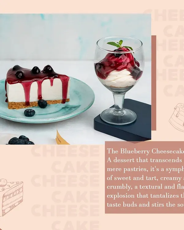 Our Blueberry Cheesecake is a dessert that stirs the soul. A creamy, smooth cheesecake filling sits on a crumbly biscuit base, topped with a generous layer of sweet and tangy blueberry compote.