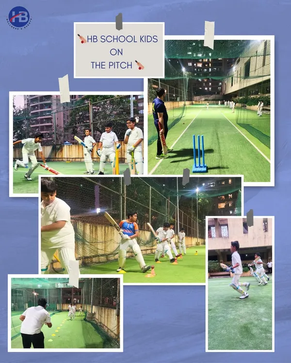 A collage showcasing our "HB School Kids on the Pitch" at Nahar’s Nectorfield Club. These images capture the intensity of our net practice and on-field training sessions for developing cricketers.