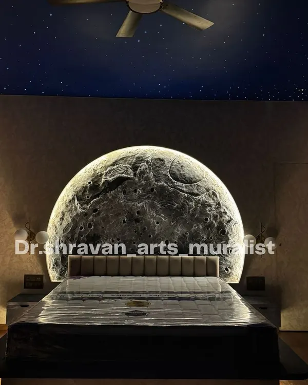 This is what it's all about. Seeing our 3D moon mural become the centerpiece of this stunning bedroom, complete with a starry night ceiling, is a dream come true. We created this backlit relief sculpture to not only be a piece of art but also a source of calming, ambient light.
