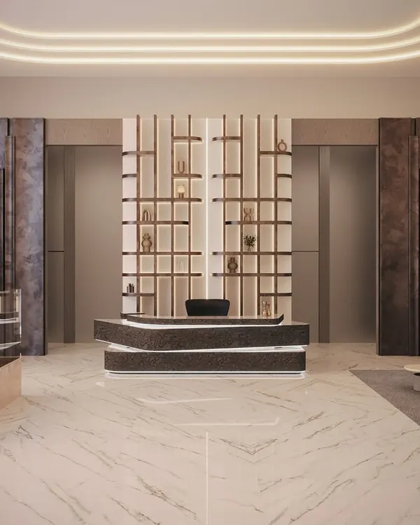A 3D render of a proposed corporate lobby, featuring a statement reception desk, elegant seating areas, and dramatic wall panels. The design aims to create a powerful and welcoming first impression.