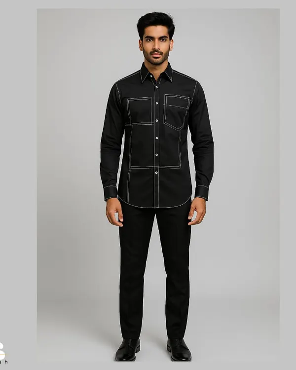 A full-length view of the black shirt with geometric contrast stitching. This piece demonstrates how a simple detail can transform a classic shirt into a modern work of art.