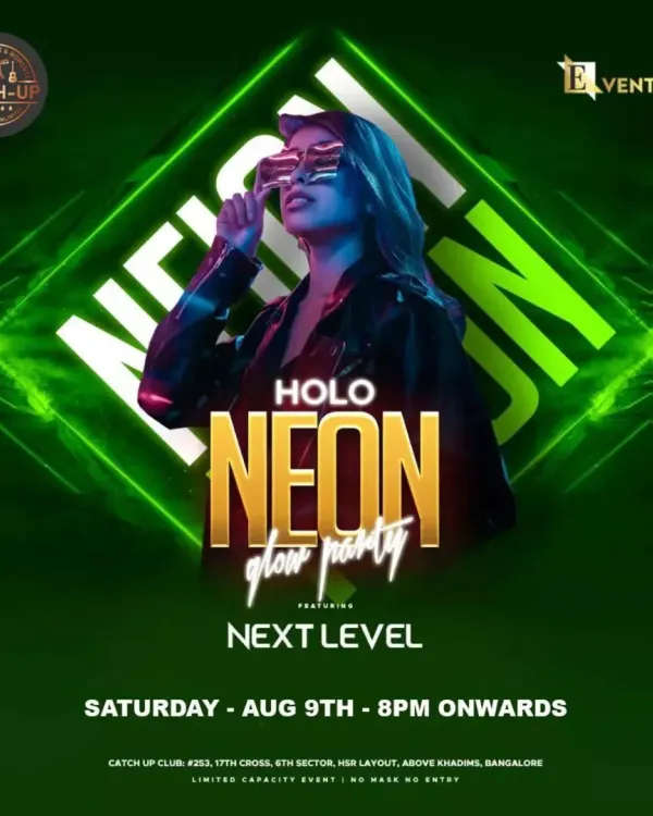 The 'Holo Neon Glow Party' at Catch Up Club. These parties are visually spectacular, with neon lights and effects creating an electrifying atmosphere for a night of Bollywood beats.
