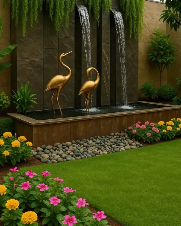 A beautiful water feature with golden crane artifacts. The cascading water, combined with the elegant sculptures and colorful flower beds, creates a serene and artistic focal point in the garden.