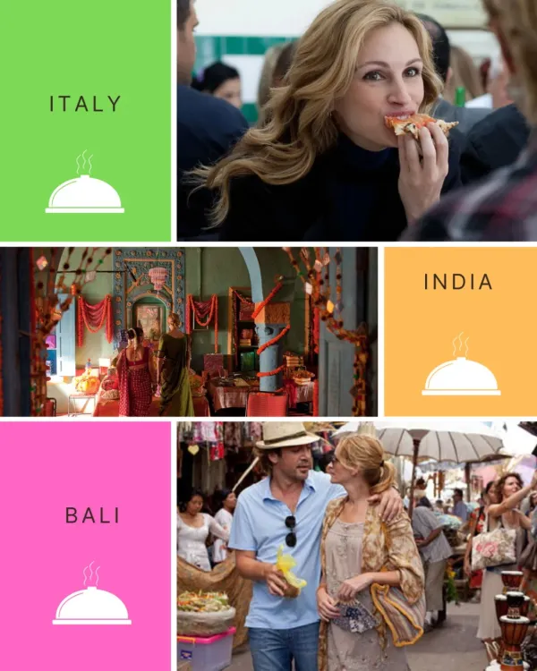 Italy, India, Bali. Three countries, three spiritual journeys, and one unforgettable menu. This graphic for our Eat Pray Love screening visually represents the film's path, with each destination corresponding to a course on your plate.