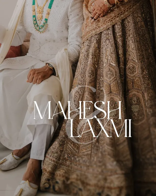 A stylish graphic overlay for Mahesh and Laxmi's wedding, focusing on the rich textures of their North Indian wedding attire.