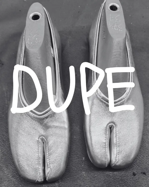 The first draft of something disruptive. This is a look at the silver leather 'DUPE' Tabi flat on its shoe last, a key part of the development process. The wait is almost over.
