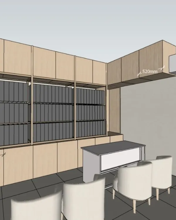 A 3D model showing the design for an office's file storage and reception desk area. This visualization includes precise measurements for custom cabinetry.